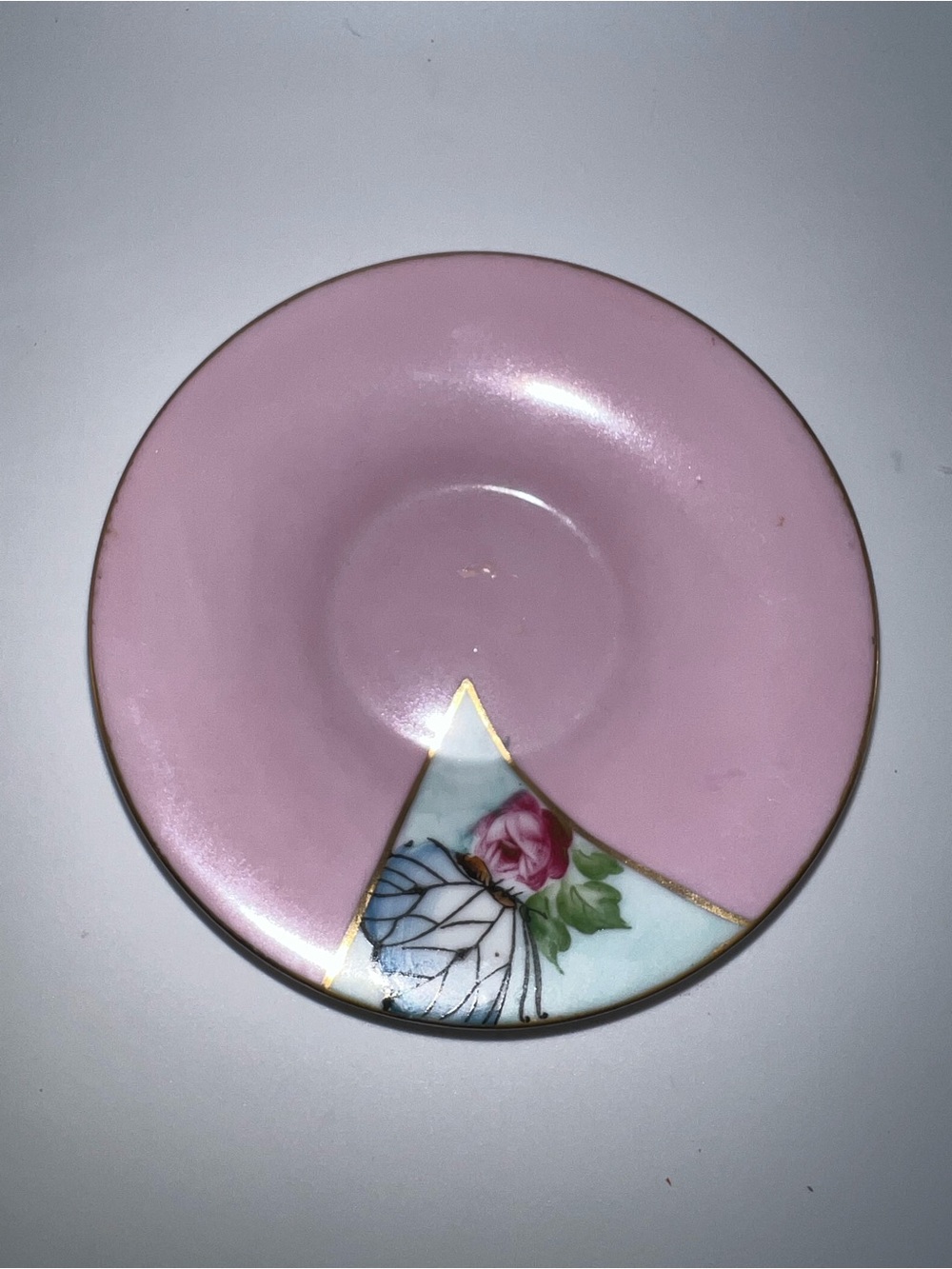 Pink Floral Accent Saucer with Gold Trim